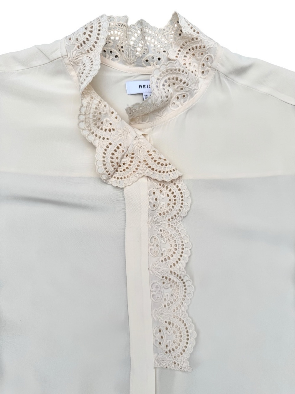 Reiss Jules Ruffle Trim Satin Blouse Ivory Cream Long Sleeve US 4 NWOT - Picture 2 of 8